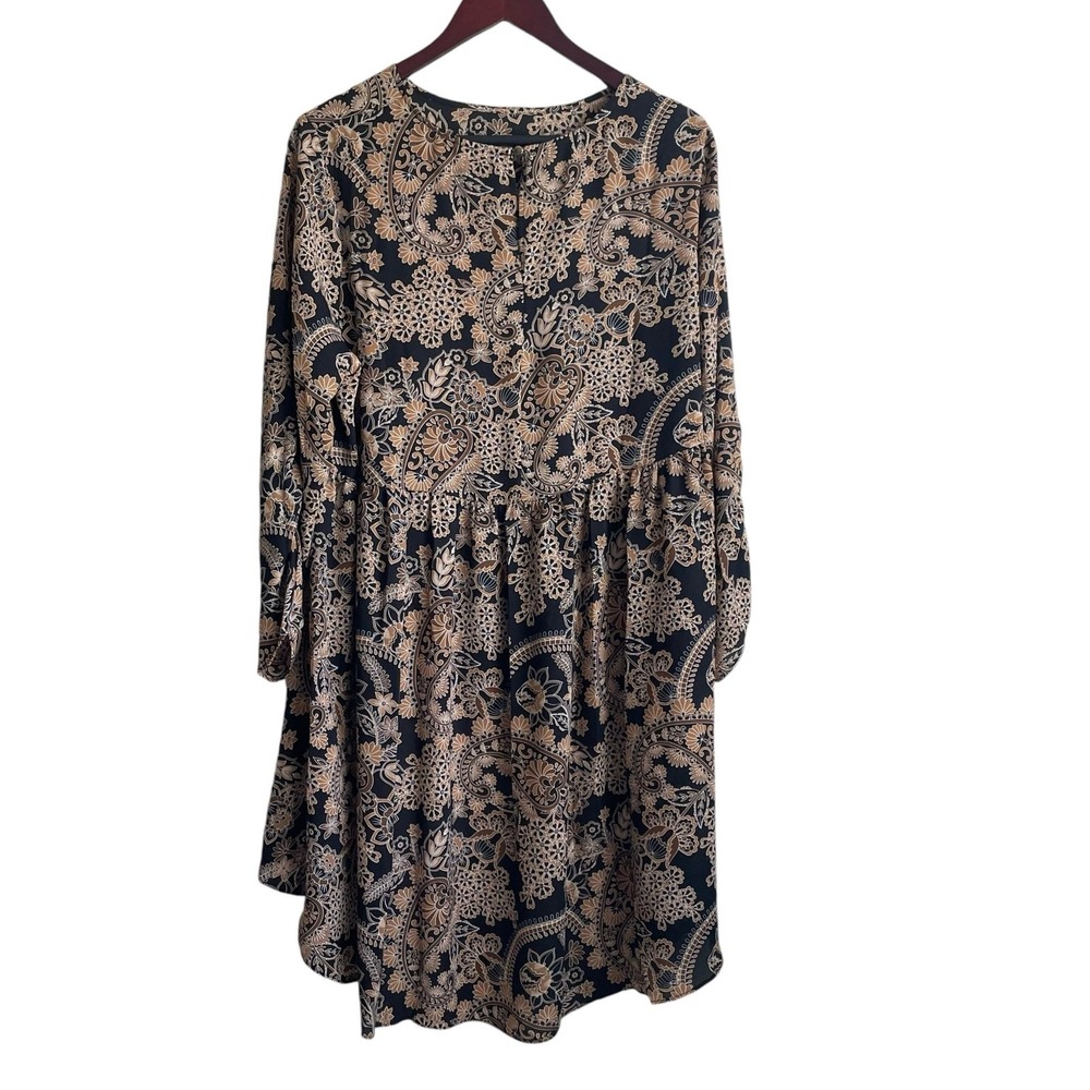 Cato Women Tunic Top 14/16 Tan Black Floral Dramatic Hem Boho Artsy Whimsygoth